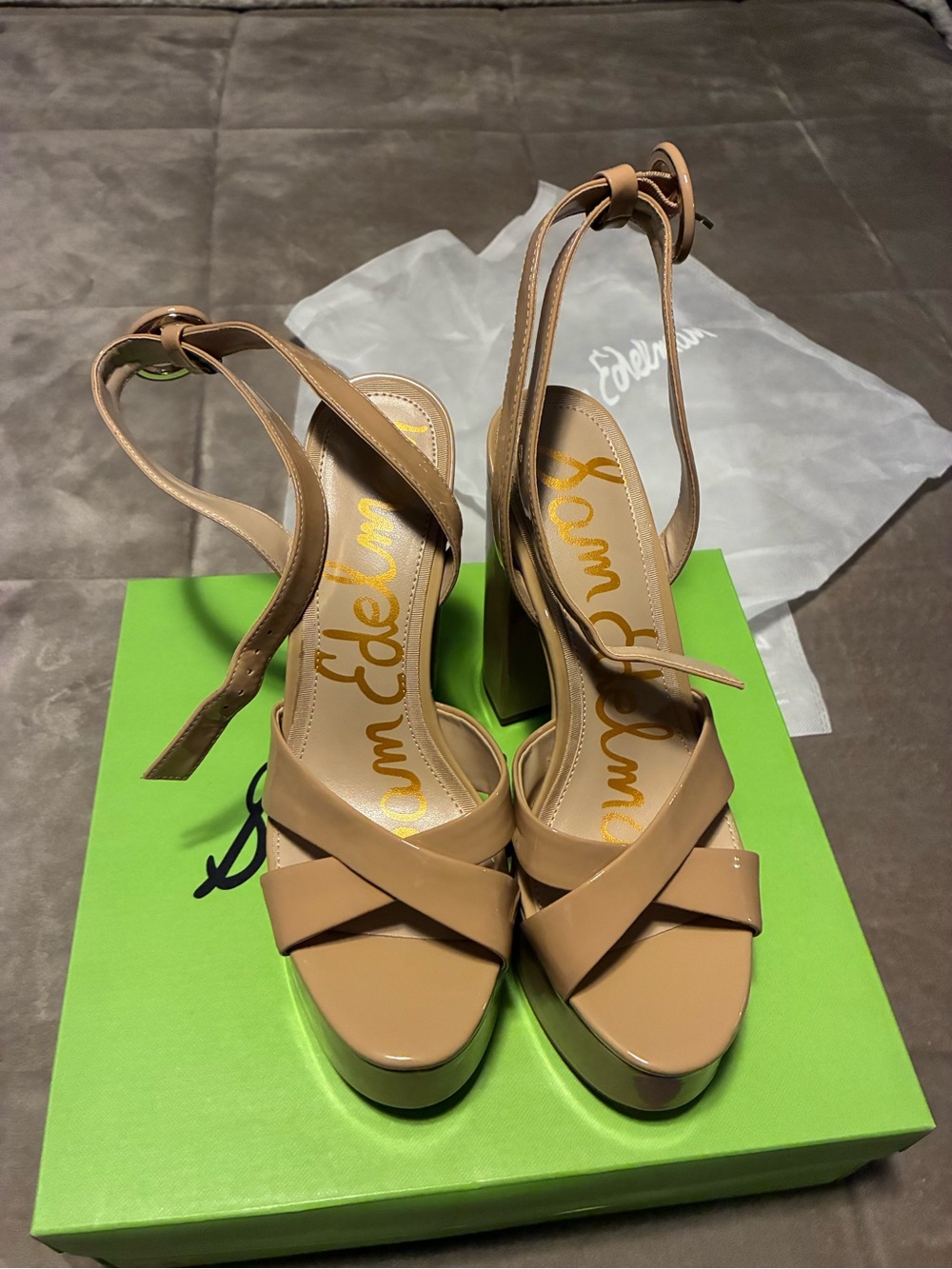 New!!!! Sam Edelman Beige Patent Leather Platform Sandals with Ankle Strap